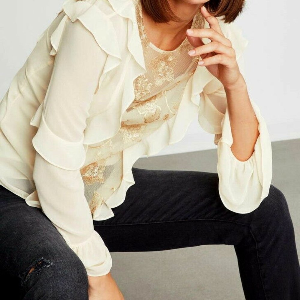 New* BCBG MAXAZRIA Floral Embroidered Ruffle Top Cream/Gold Color Size XS $228 - Picture 7 of 7